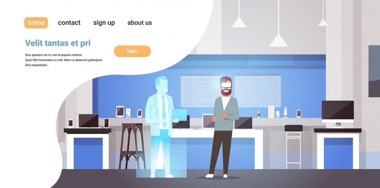 Vector man wear digital glasses choosing gadgets virtual reality consultant in modern technology store