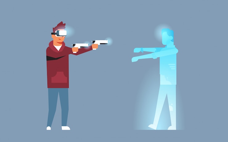 Vector man wear digital glasses hold pistols shooting virtual reality zombie vr vision headset innovation concept console video game flat horizontal