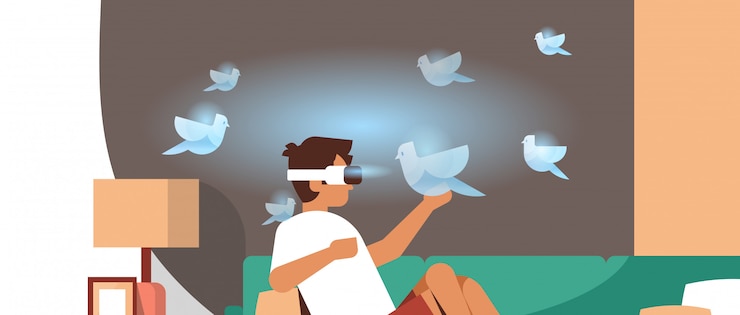 Vector man wear digital glasses touch virtual reality flying birds vr vision headset innovation concept living room interior flat horizontal