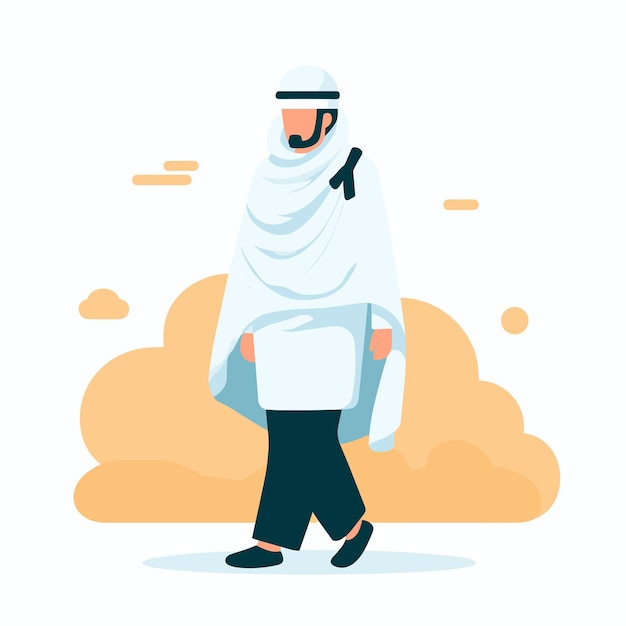 Uomo indossa abbigliamento ihram per il hajj o l'umrah illustrazioni vettoriali su sfondo bianco