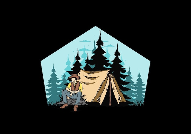 Вектор Мужчина в ковбойской шляпе сидит перед иллюстрацией палатки