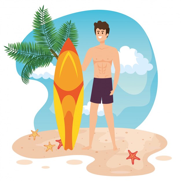 Vector man wearing bathing shorts with surfboard and palm tree