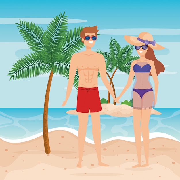 Man wearing bathing shorts and woman with swimsuit and sunglasses