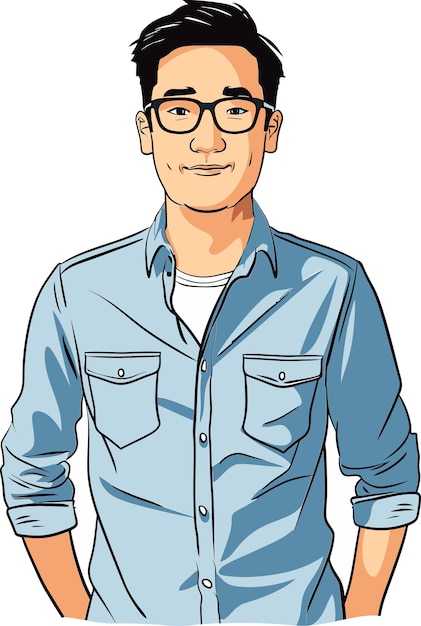 眼鏡をかぶっていると書かれたシャツを着た青いシャツをかぶった男性