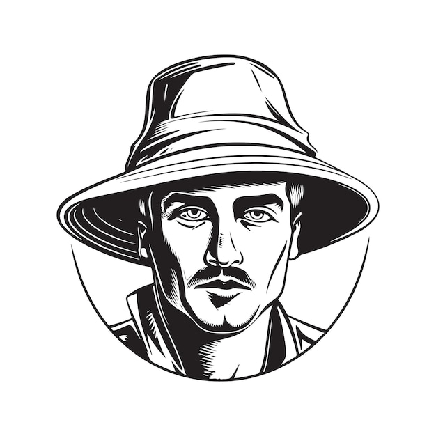 Man wearing bucket hat vintage logo line art concept black and white color hand drawn illustration