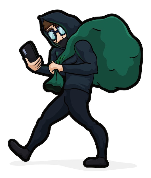 Vector man wearing dark clothes and holding a big green bag making a cyber heist only with its cell phone