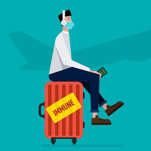 Vector man wearing face mask and heaphones sitting on his suitcase with immune sticker on it illustration