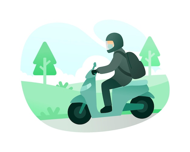 Un uomo che indossa una maschera e un casco mentre guida uno scooter