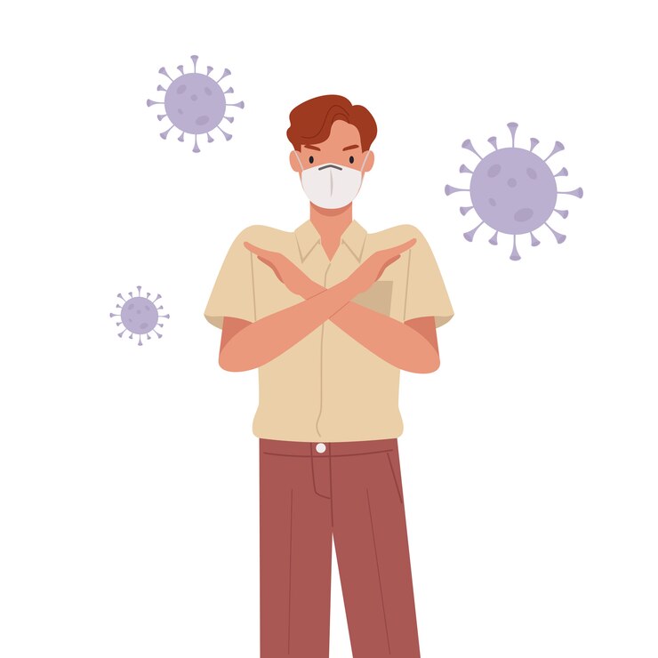 वेक्टर man wearing face mask. young man with crossed arms gesture. stop pandemic concept. 