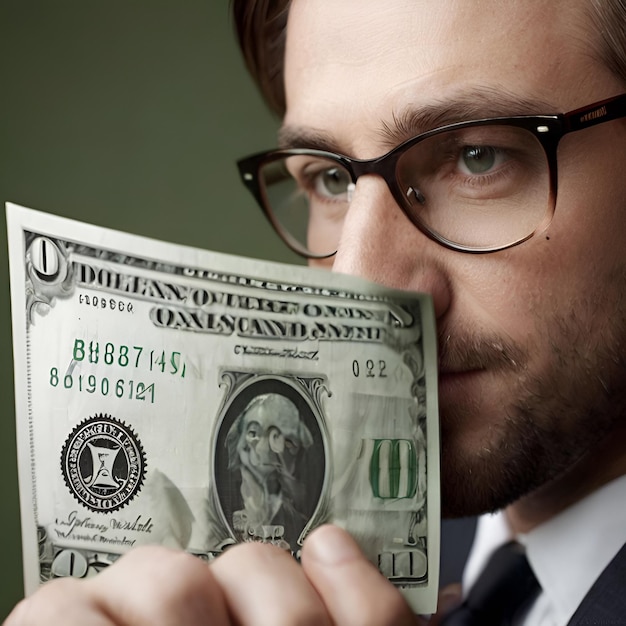 a man wearing glasses holding a dollar bill that says quot dollar quot