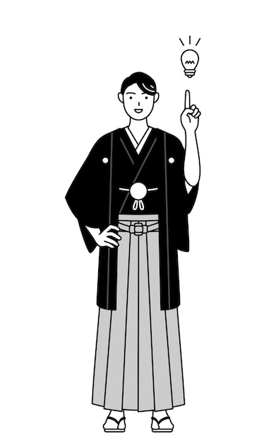 Man wearing Hakama with crest coming up with an idea