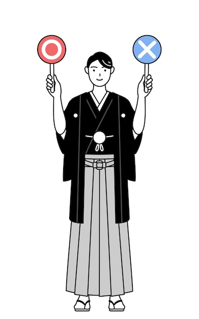 Man wearing Hakama with crest holding a placard indicating correct and incorrect answers