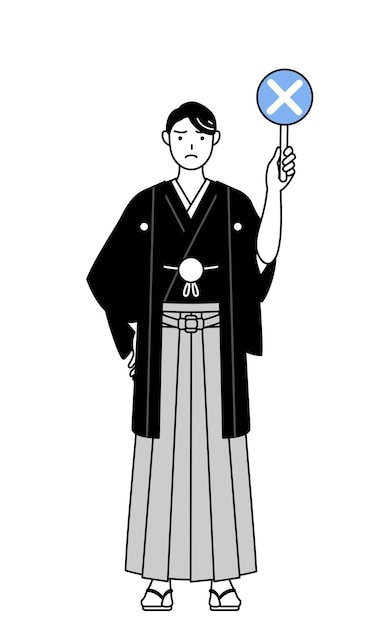 Man wearing Hakama with crest holding a placard with an X indicating incorrect answer