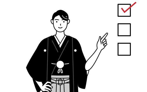 Man wearing Hakama with crest pointing to a checklist