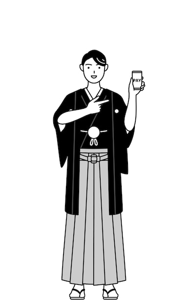 Man wearing Hakama with crest recommending cashless online payments on a smartphone