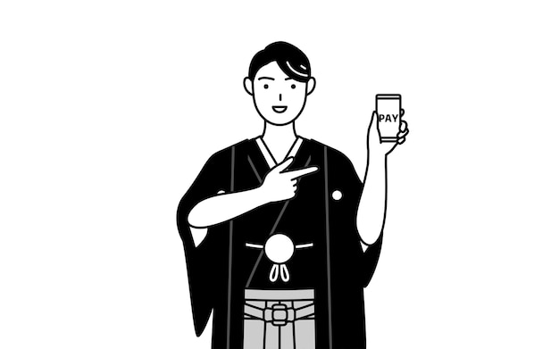 Man wearing Hakama with crest recommending cashless online payments on a smartphone