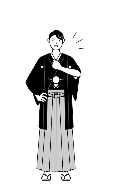 Man wearing Hakama with crest tapping his chest