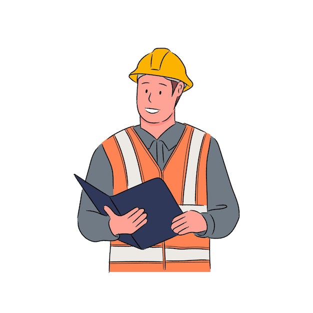 a man wearing a hard hat is holding a book