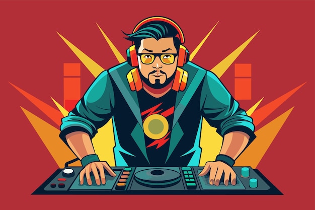 Vector a man wearing headphones is actively mixing music on a deck surrounded by audio equipment blueprint illustration of a complex mechanical structure