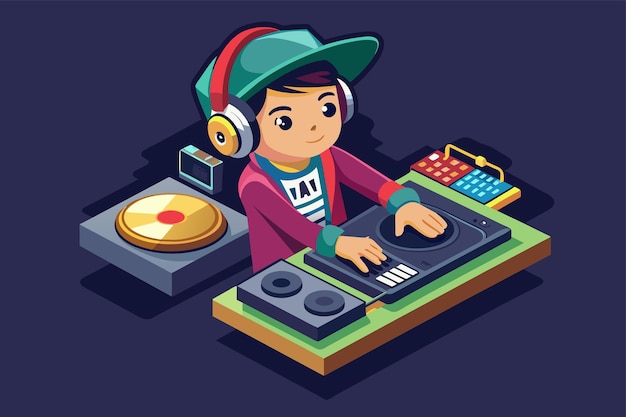 Vector a man wearing headphones is djing with a turntable a minimalist illustration of a smartphone with geometric shapes