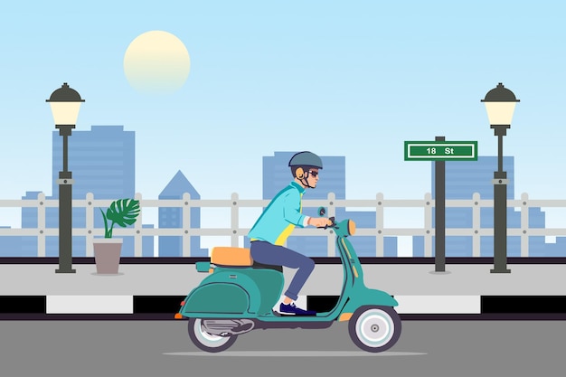 A man wearing helmet riding a motor scooter on the road with city background Cartoon vector illustration