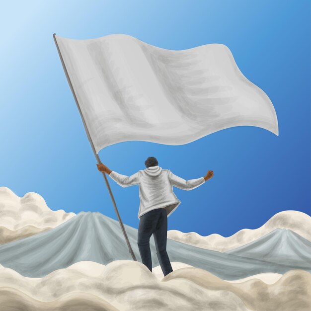 Вектор Мужчина в толстовке держит огромный пустой флаг на вершине облачных гор