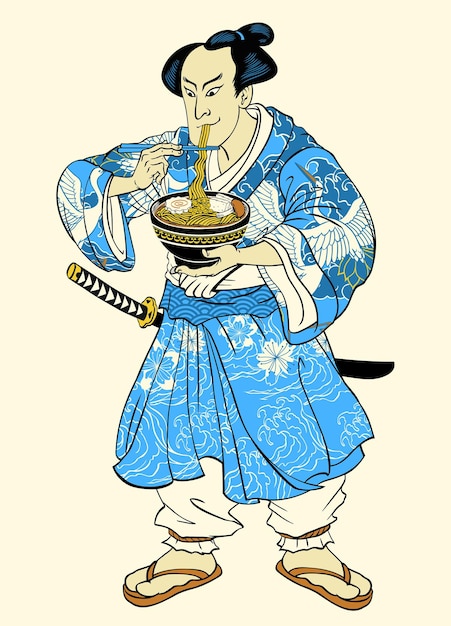 Vettore uomo che indossa un kimono che mangia ramen illustrazione in stile edo