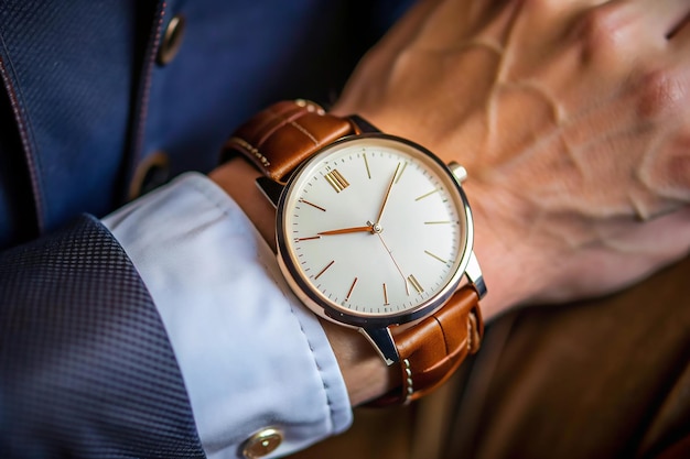 man wearing luxury wrist watch with leather