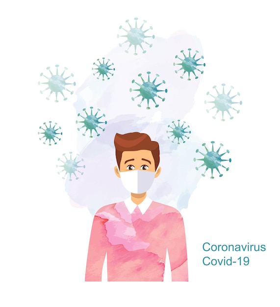 L'uomo che indossa la maschera medica, il concetto di coronavirus, ferma il virus covid19, resta a casa, coronavirus dipinto acquerello, illustrazione di vettore.