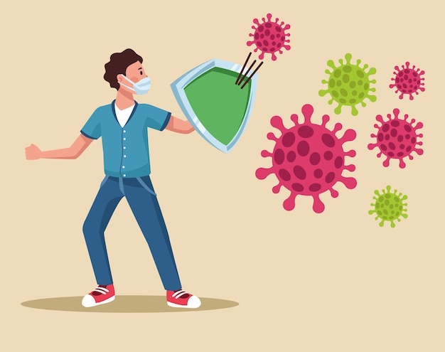 man wearing medical mask with shield and particles  illustration