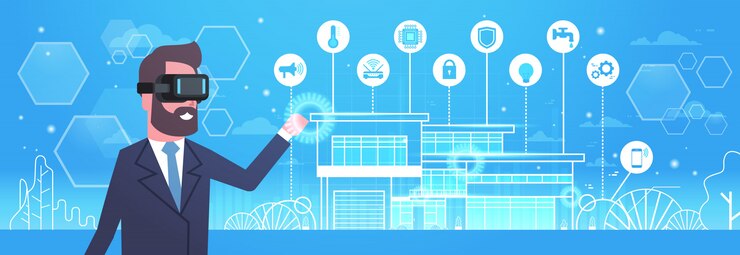 Vector man wearing modern 3d glasses using smart home technology of automation, innovation and virtual reality concept
