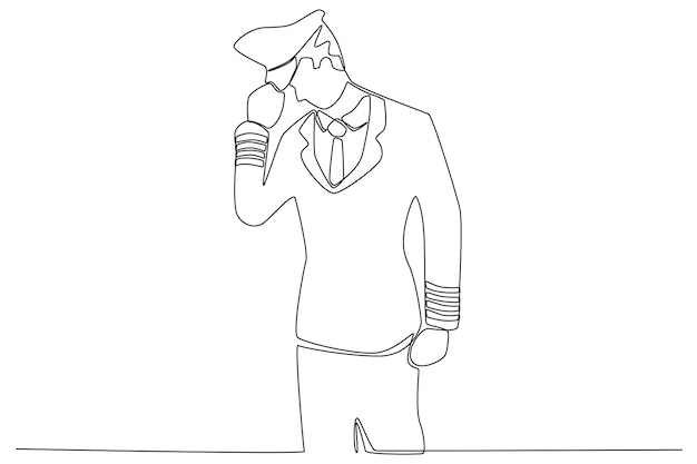 A man wearing a pilot's suit bows his head Pilot and plane oneline drawing