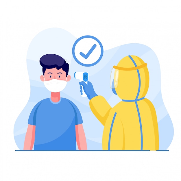 Man wearing protective suits measures the man temperature for protect coronavirus. world corona virus and covid-19 outbreaking and pandemic attack concept.