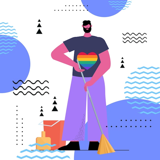 man wearing rainbow LGBT t-shirt guy sweeping floor transgender love housework concept full length vector illustration