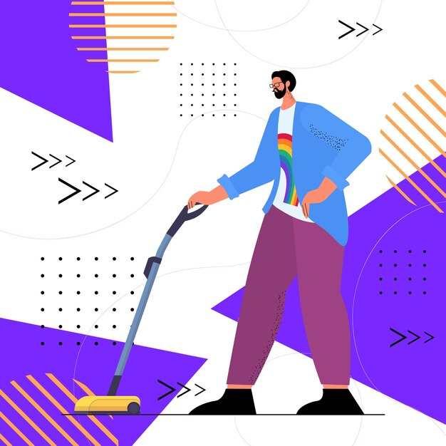 man wearing rainbow LGBT t-shirt guy vacuuming floor transgender love housework concept full length vector illustration