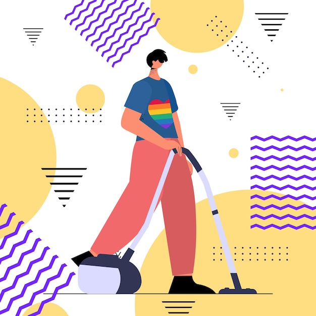 Man wearing rainbow LGBT t-shirt guy vacuuming floor transgender love housework concept