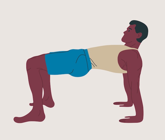 Vettore uomo che indossa abiti sportivi che fanno yoga. giovane ragazzo in forma che fa yoga. illustrazione vettoriale colorata disegnata a mano.