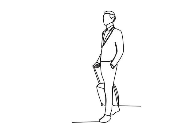 A man wearing a suit carrying a suitcase Airport activity oneline drawing