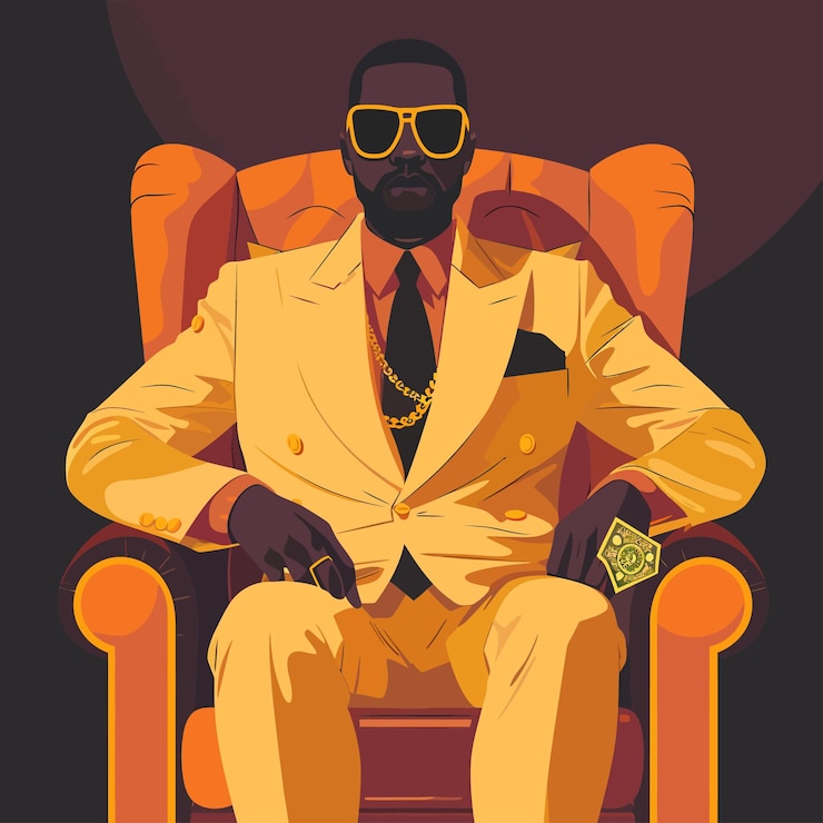 Vector a man wearing a suit and sunglasses sits in a chair with a sign that says quot the name quot on it