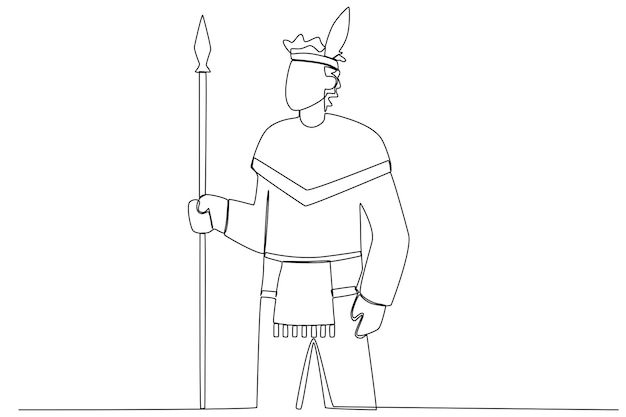 A man wearing traditional clothes and holding a spear Africa day one line drawing