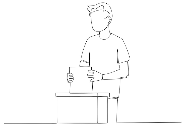 Vector a man wearing a tshirt puts a ballot paper into a ballot box vote oneline drawing