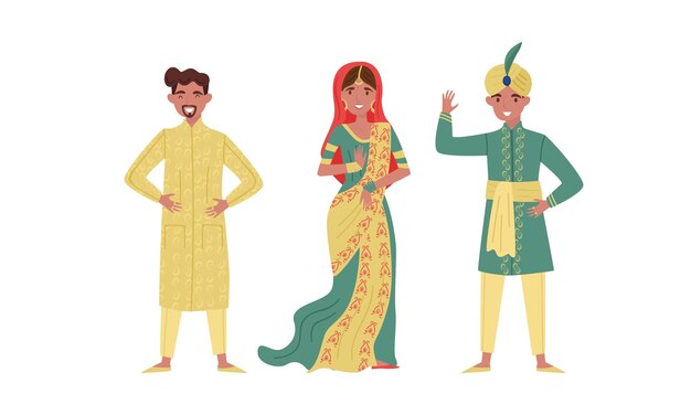 Vector man wearing turban and woman in sari as traditional indian clothing vector illustration set