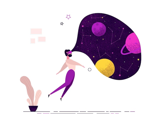 宇宙銀河を見る仮想現実の眼鏡をかけた男