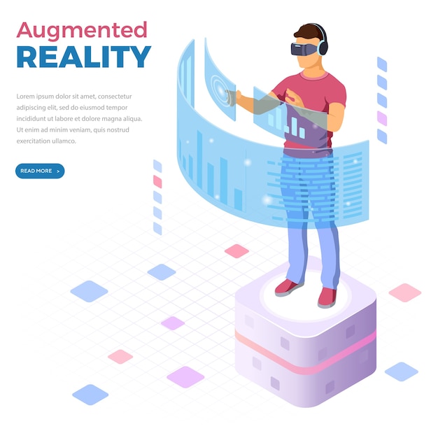 Vector man wearing virtual reality glasses with augmented reality web banner