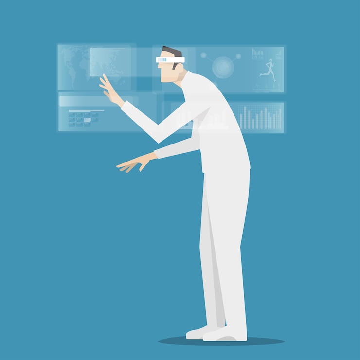 Vector man wearing virtual reality glasses.