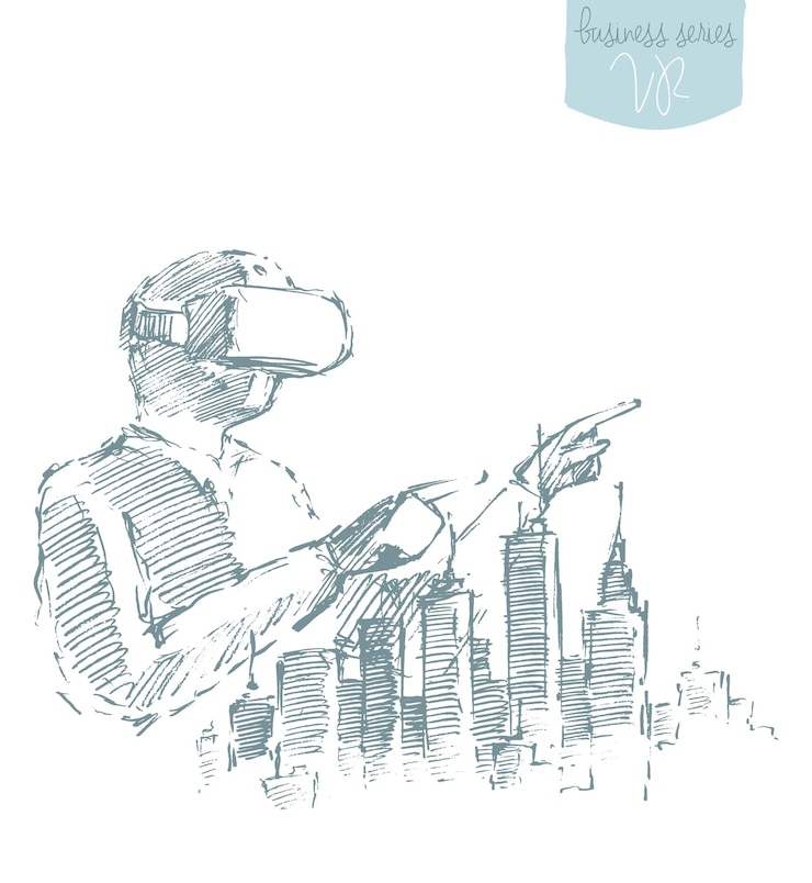 Vector man wearing virtual reality goggles. hand drawn vector illustration, sketch