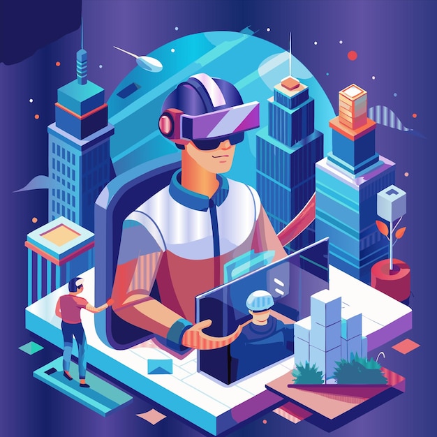 a man wearing a virtual reality headphones is looking at a building