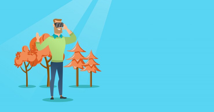 Vector man wearing virtual reality headset in the park