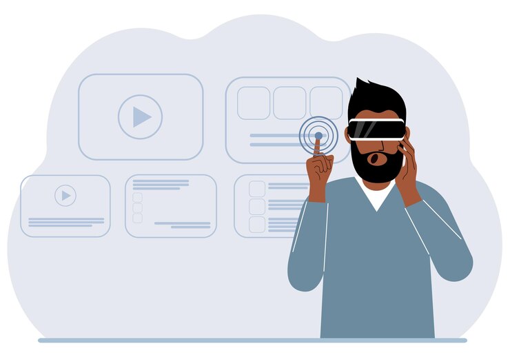 Vector a man wearing a virtual reality headset studies works plays and works