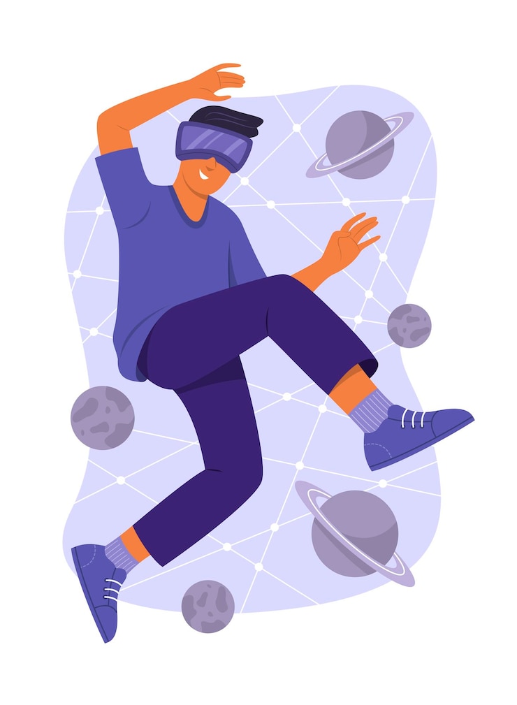 Vector man wearing the virtual reality headset and watching the cosmic simulation
